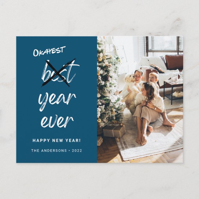Okayest Year Ever Photo Family New Year Teal Postcard (Front)