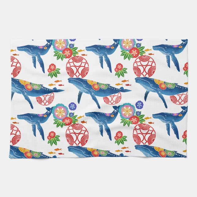 Okianawan bingata style whale pattern tea towel (Horizontal)