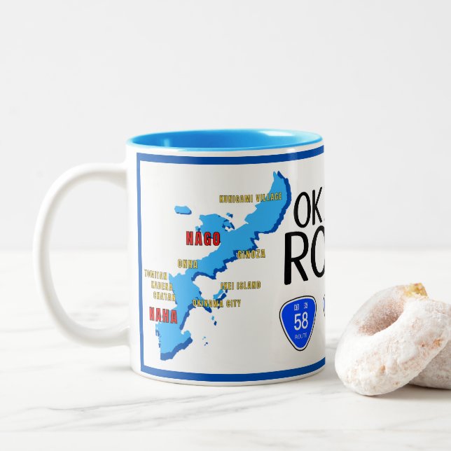 Okinawa Japan Island Highways, Okinawa Flag Two-Tone Coffee Mug (With Donut)
