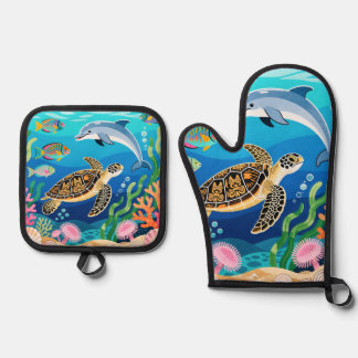 Okinawa Sea Life Oven Mitt & Pot Holder Set
