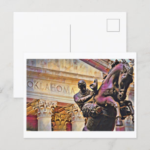 Oklahoma Capitol with Cowboy Statue Oil Painting Postcard