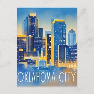 Oklahoma City Night View Watercolor Postcard