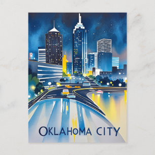 Oklahoma City Night Watercolor Postcard