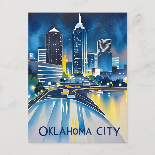 Oklahoma City Night Watercolor Postcard (Front)