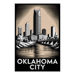 Oklahoma City Oklahoma Skyline Black White Woodcut Poster