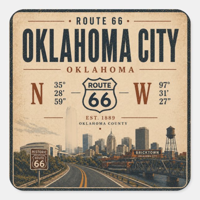Oklahoma City Route 66 Coordinates Decal Square Sticker (Front)