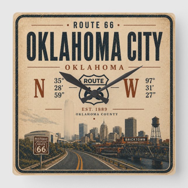 Oklahoma City Route 66 Landmark Square Wall Clock (Front)