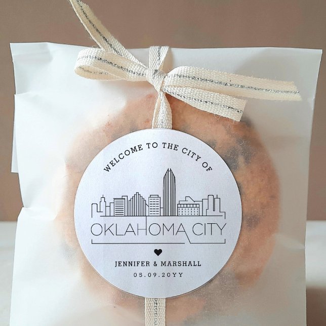 Oklahoma City Skyline | Wedding Welcome Message Classic Round Sticker (Creator Uploaded)