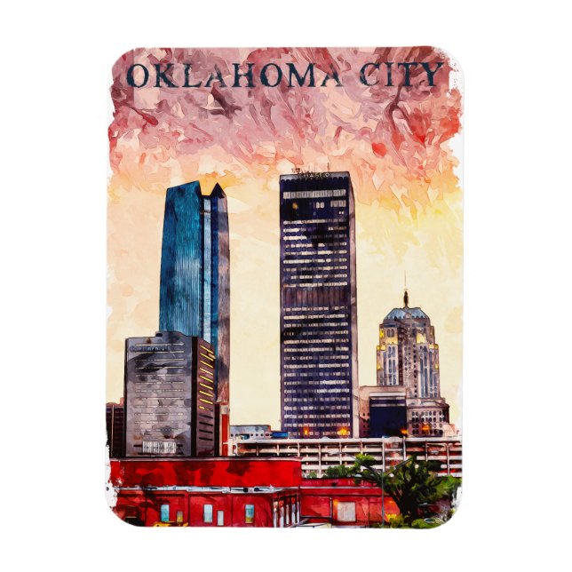 Oklahoma City Watercolor Skyline Painting Magnet (Vertical)