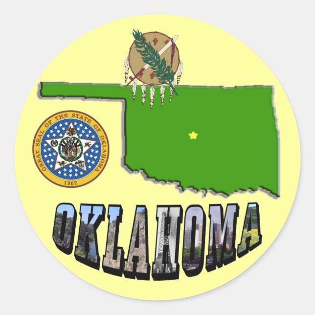 Oklahoma Map Outline, Seal, and Picture Text Classic Round Sticker (Front)