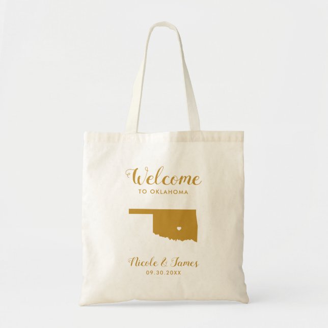 Oklahoma Map Wedding Welcome Bag, Gold Tote Bag (Front)