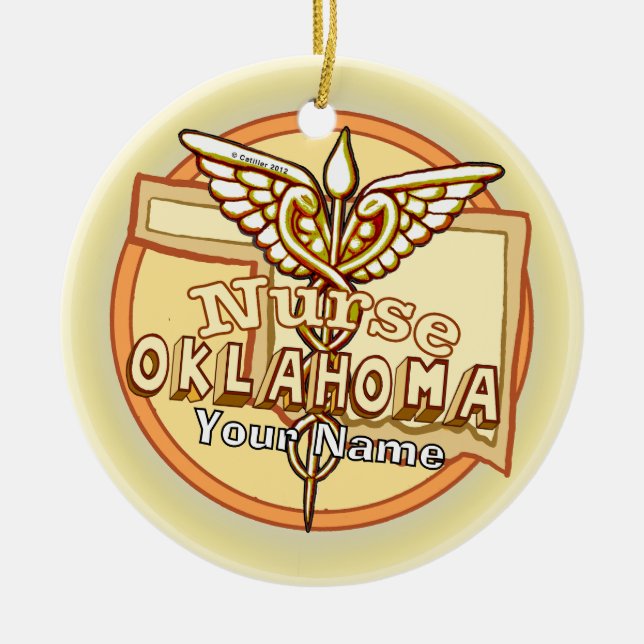Oklahoma Nurse Caduceus  Ceramic Tree Decoration (Front)