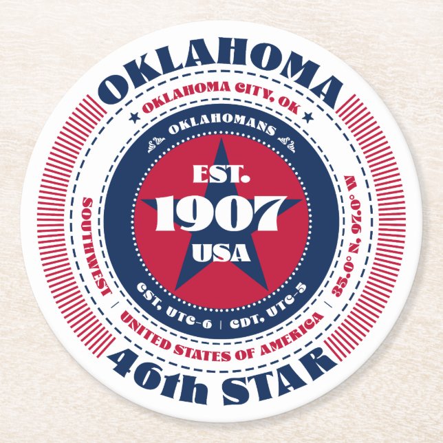 Oklahoma Red White Blue Typography Round Paper Coaster (Front)