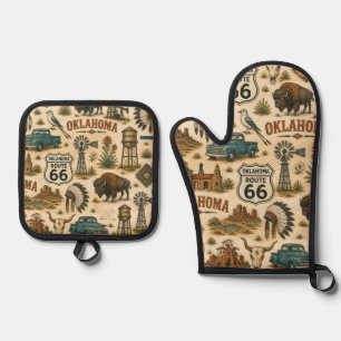 Oklahoma Route 66 Vintage Western Collage Oven Mitt & Pot Holder Set