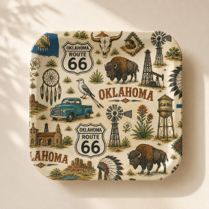 Oklahoma Route 66 Vintage Western Collage Paper Plate