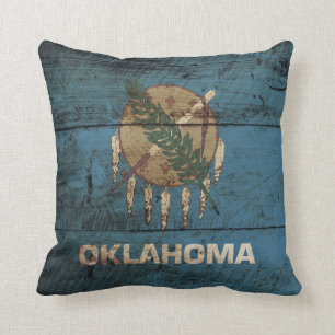 Oklahoma State Flag on Old Wood Grain Cushion