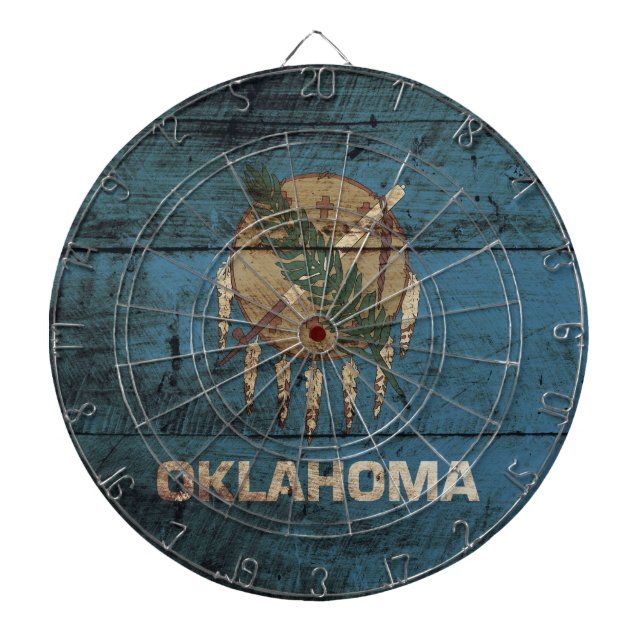 Oklahoma State Flag on Old Wood Grain Dartboard (Front)