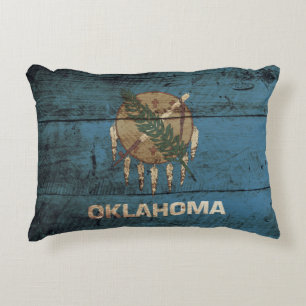 Oklahoma State Flag on Old Wood Grain Decorative Cushion