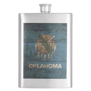 Oklahoma State Flag on Old Wood Grain Hip Flask