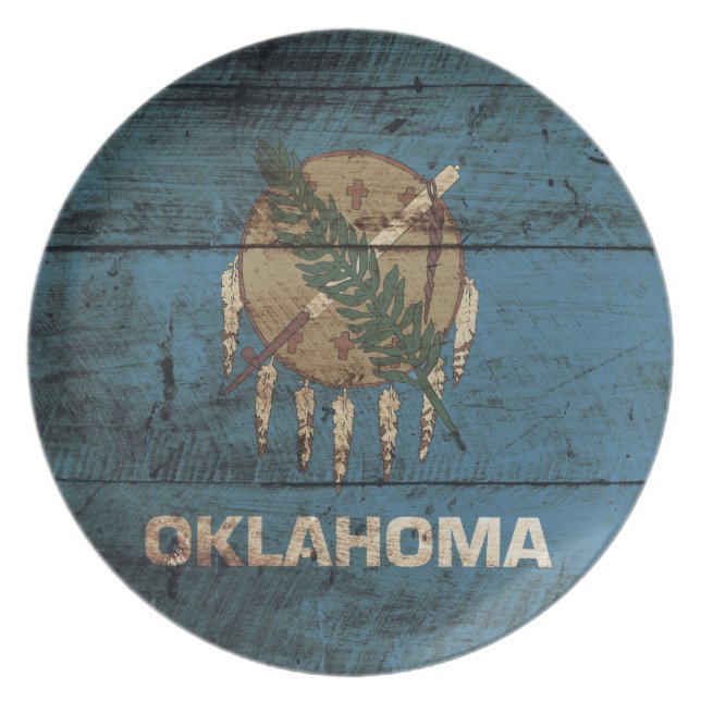 Oklahoma State Flag on Old Wood Grain Plate (Front)