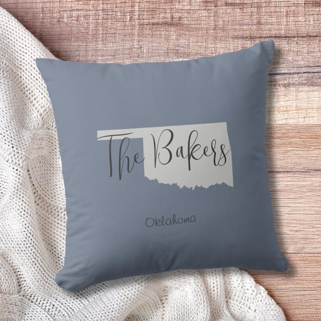 Oklahoma State Outline Family Name Throw Pillow (Show pride for your state and personalize it!  "love makes this house a home in <your state>")