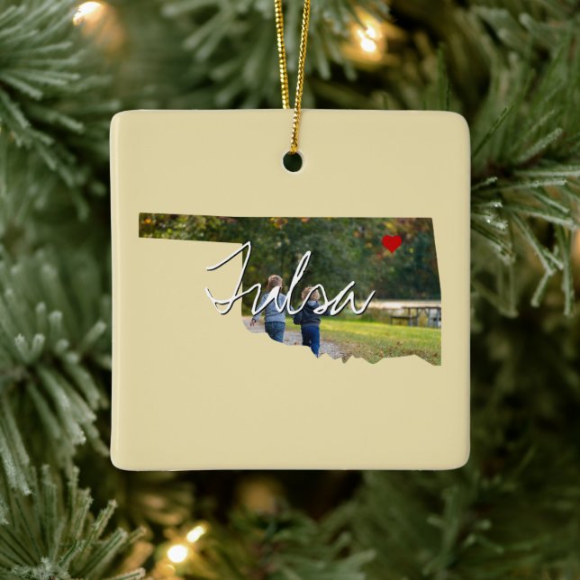 Oklahoma State Photo insert and town name Ceramic Ornament (Tree)