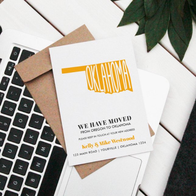 OKLAHOMA We've moved New address New Home Postcard (MOVING ANNOUNCEMENTE WITH OKLAHOMA STATE MAP IN YELLOW)