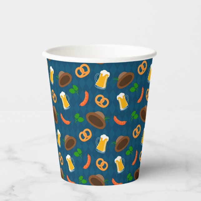 Oktoberfest Beer, Pretzel & Sausage Pattern Paper  Paper Cups (Front)