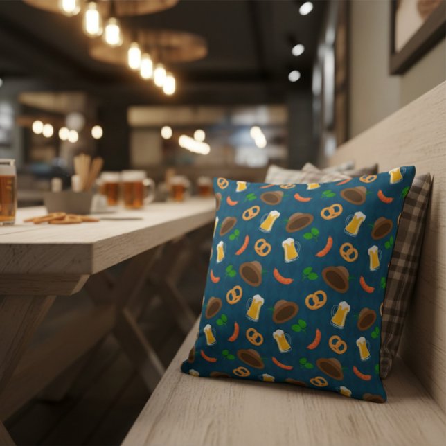 Oktoberfest Beer, Pretzel & Sausage Pattern Throw  Cushion (Creator Uploaded)