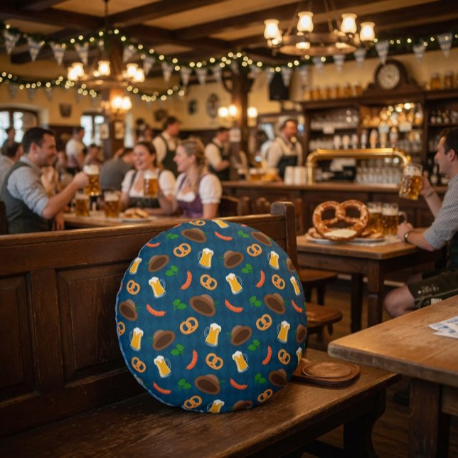 Oktoberfest Beer, Pretzel & Sausage Pattern Throw  Round Cushion (Creator Uploaded)
