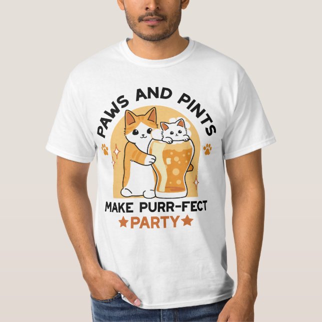 Oktoberfest Cat Party Paws and Pints T-Shirt (Front)