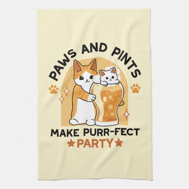 Oktoberfest Cat Party Paws and Pints Tea Towel (Vertical)