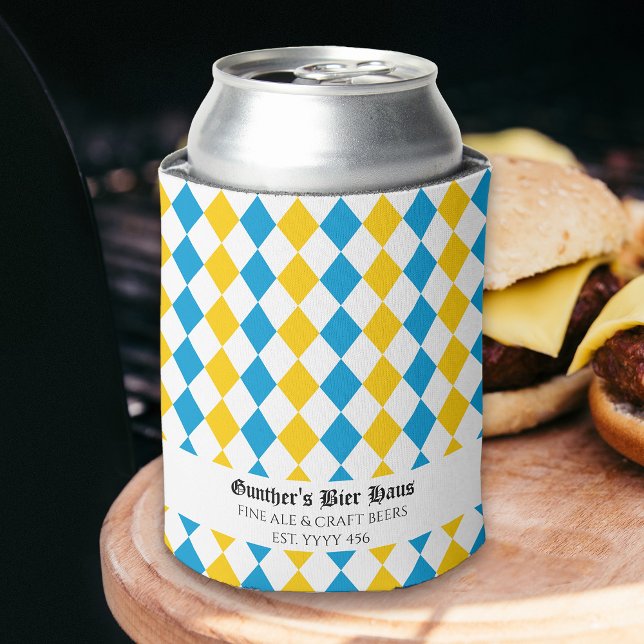 Oktoberfest Custom Mediaeval Text Blue White Yello Can Cooler (Medieval blue yellow and white beer can cooler for oktoberfest and beyond)