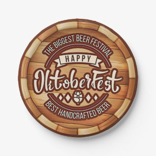 Oktoberfest Festival Brown Wooden Beer Barrel Paper Plate