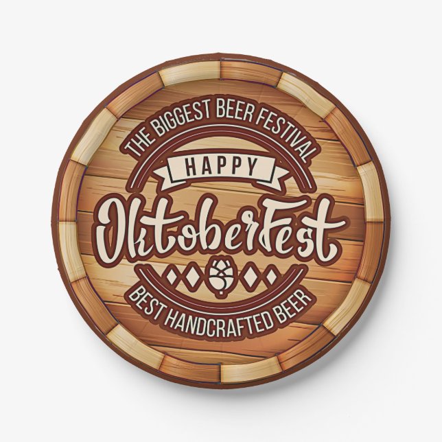 Oktoberfest  Festival Brown Wooden Beer Barrel  Paper Plate (Front)