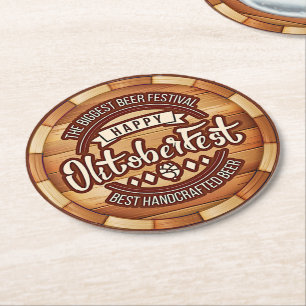 Oktoberfest  Festival Brown Wooden Beer Barrel  Round Paper Coaster