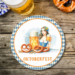 Oktoberfest Party With Beer And Pretzels ai Round Paper Coaster