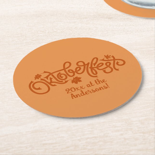 Oktoberfest Year Name Brown Text on  Round Paper Coaster (Angled)