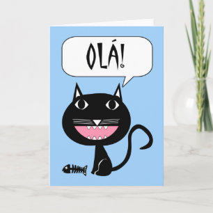 Olá! Hello Card in Portuguese, Cat and Fish Bones