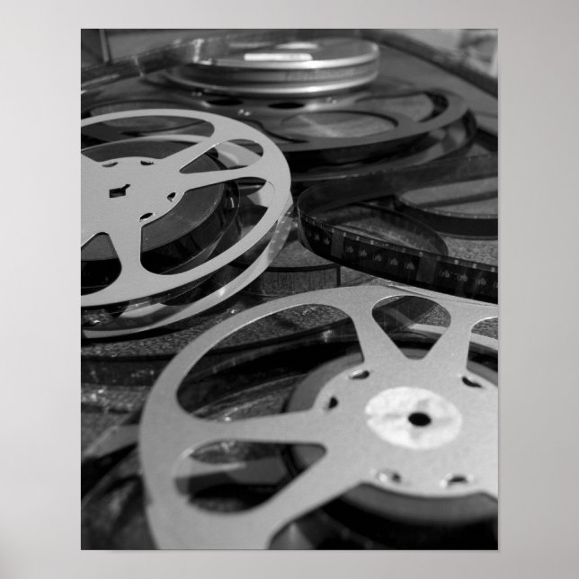 Old 35mm Film Reels Black and White Photography Poster (Front)