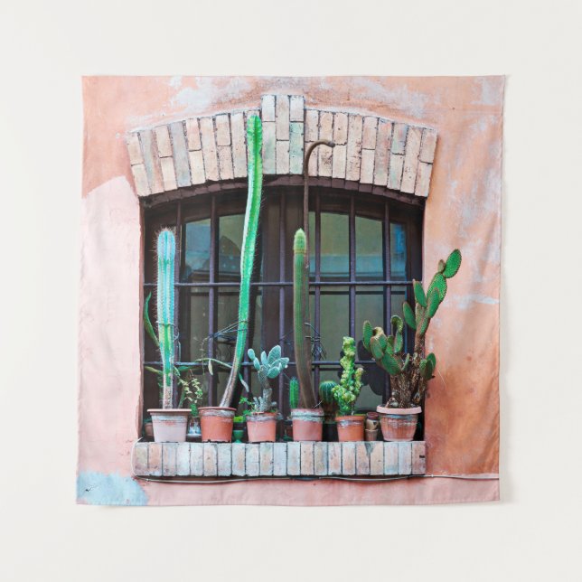 Old abandoned window with group of cactus flower p tapestry (Front)