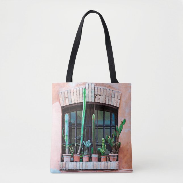 Old abandoned window with group of cactus flower p tote bag (Front)