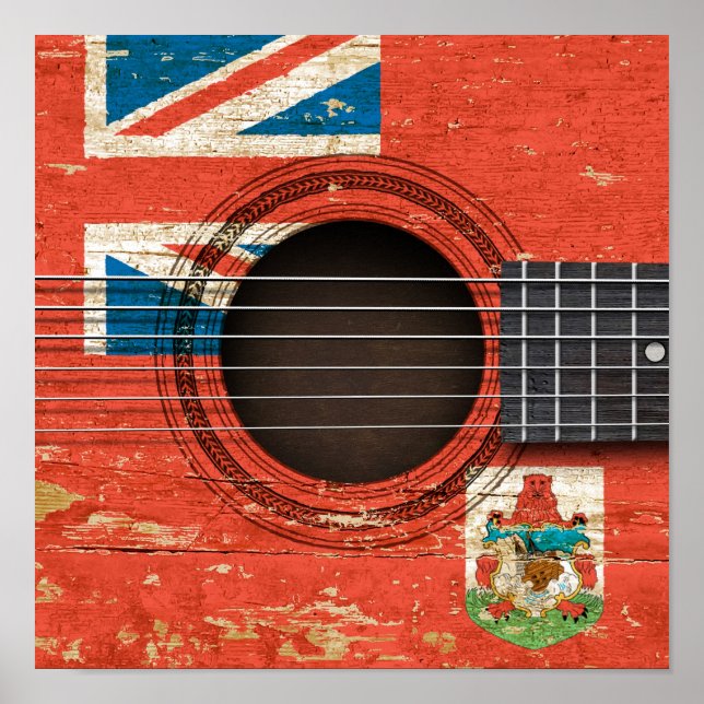 Old Acoustic Guitar with Bermuda Flag Poster (Front)