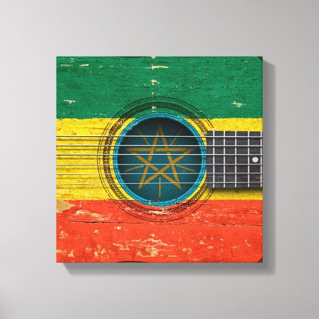 Old Acoustic Guitar with Ethiopian Flag Canvas Print (Front)