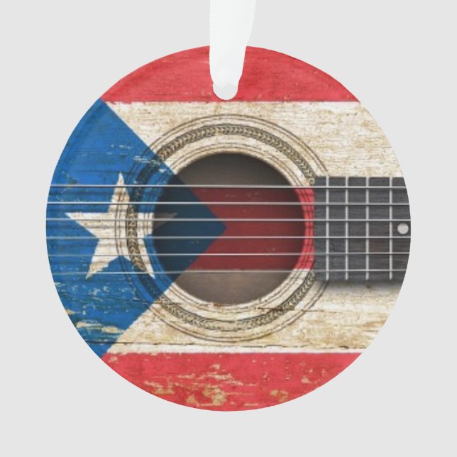 Old Acoustic Guitar with Puerto Rico Flag Ornament (Front)