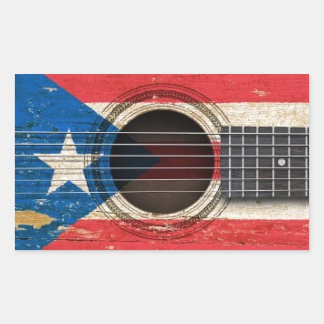 Old Acoustic Guitar with Puerto Rico Flag Rectangular Sticker (Front)