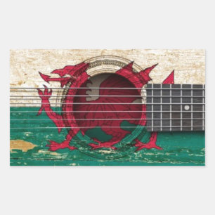 Old Acoustic Guitar with Welsh Flag Rectangular Sticker