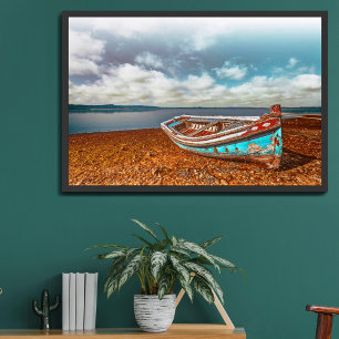 Old Aiola. Portuguese traditional boat in a beach Poster