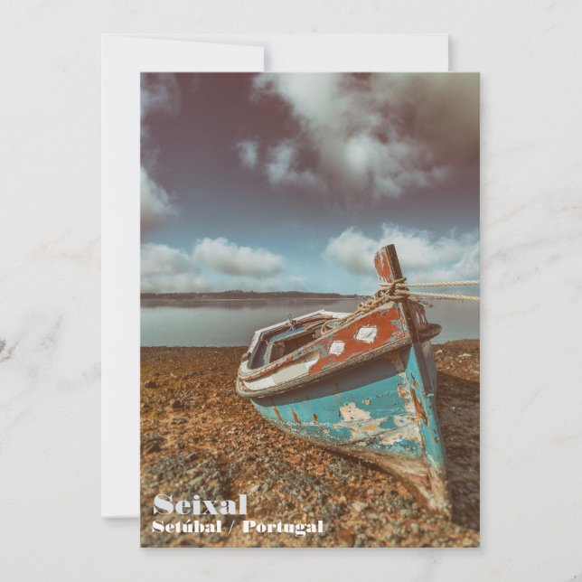 Old Aiola. Portuguese traditional boat in a beach Thank You Card (Front)