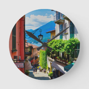 Old alley in Bellagio (lake Como, Italy) Round Clock